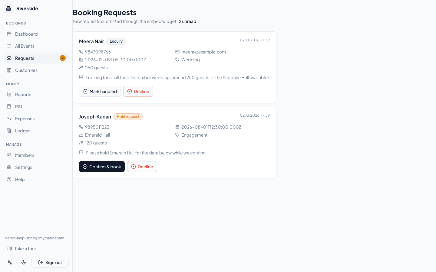 The booking requests inbox with enquiries from the website