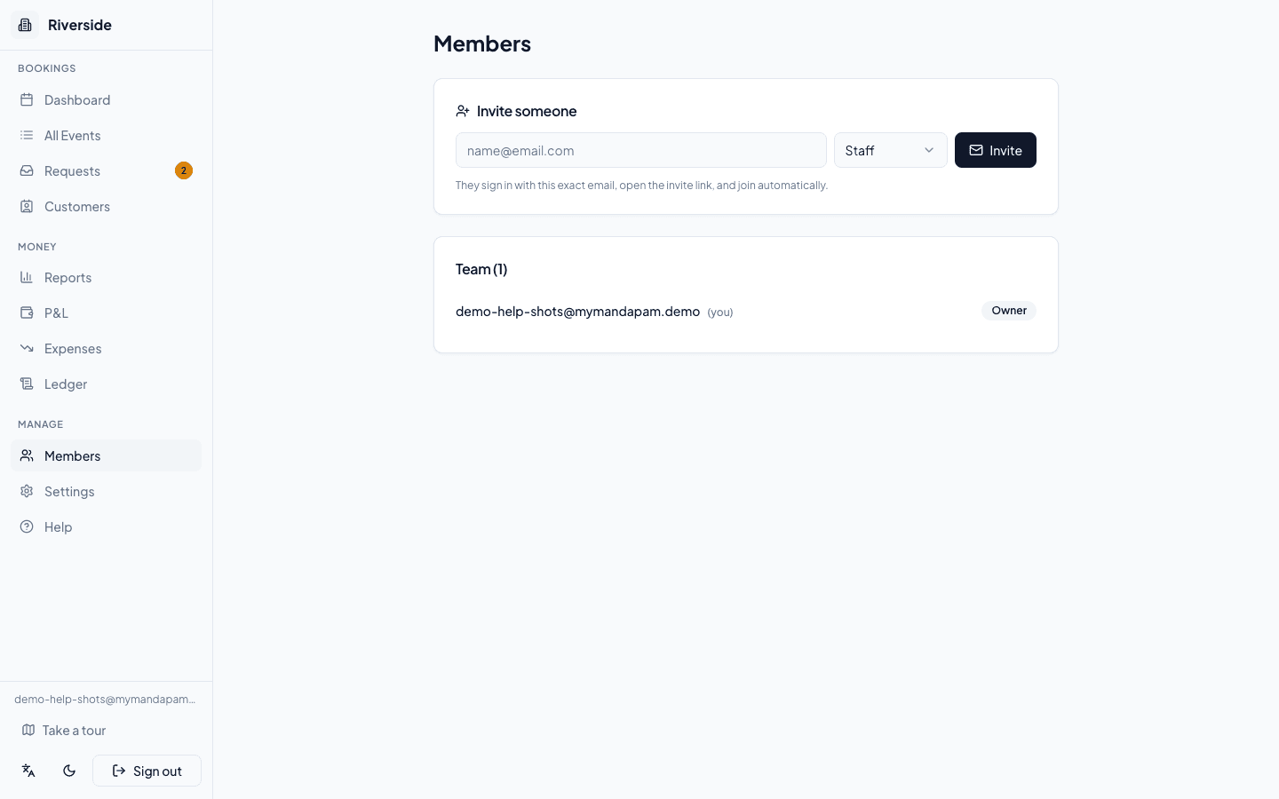 Team members invited as owner, admin or staff