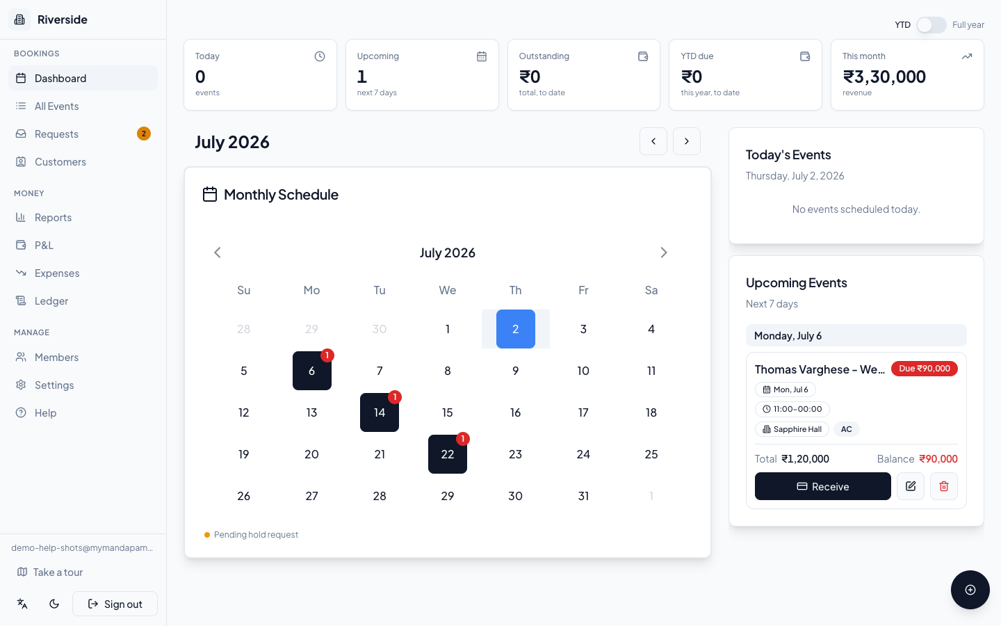 The mymandapam dashboard: this month’s revenue, upcoming events, and the booking calendar