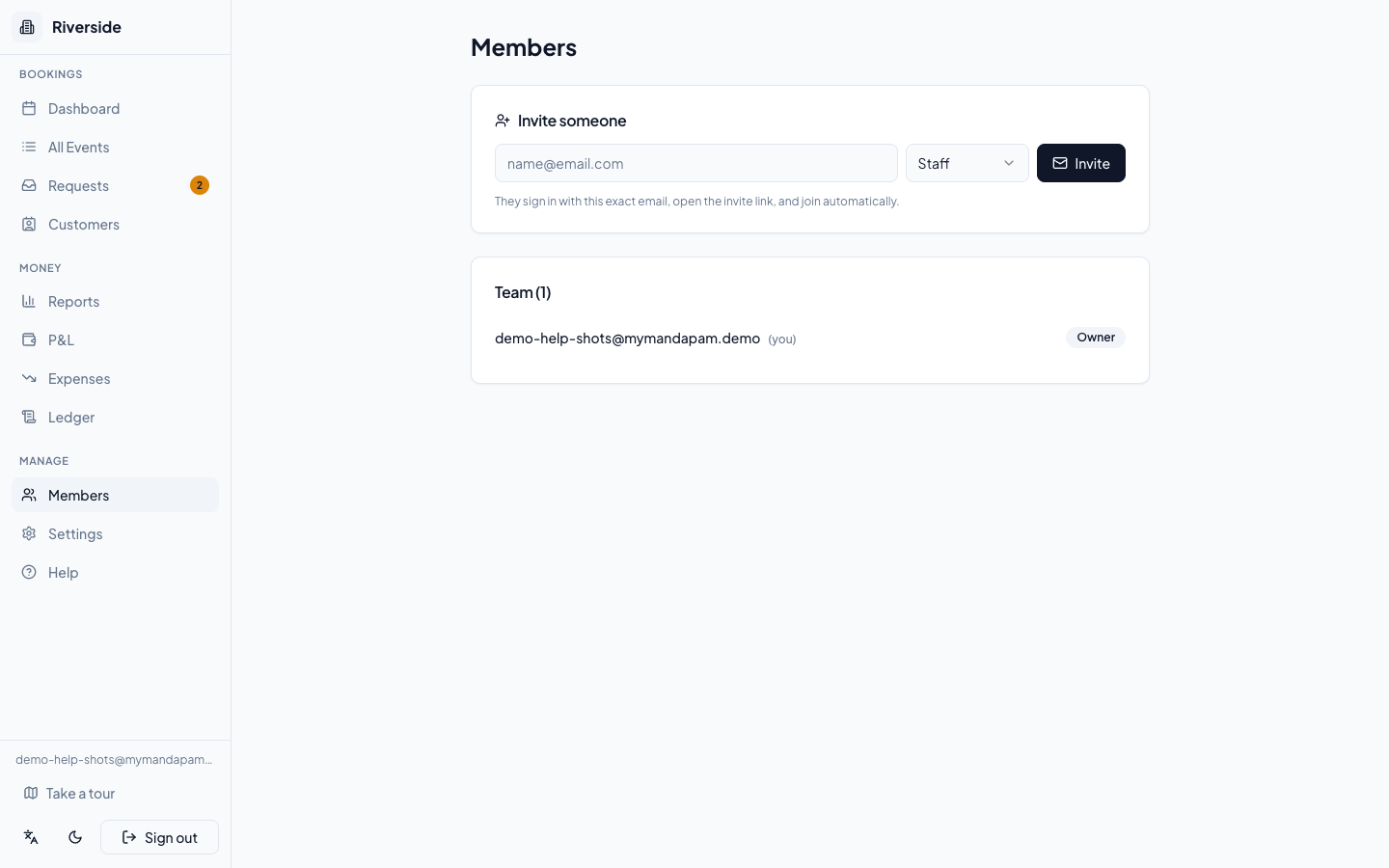 The Members page: invite someone by email and set their role, and see your team