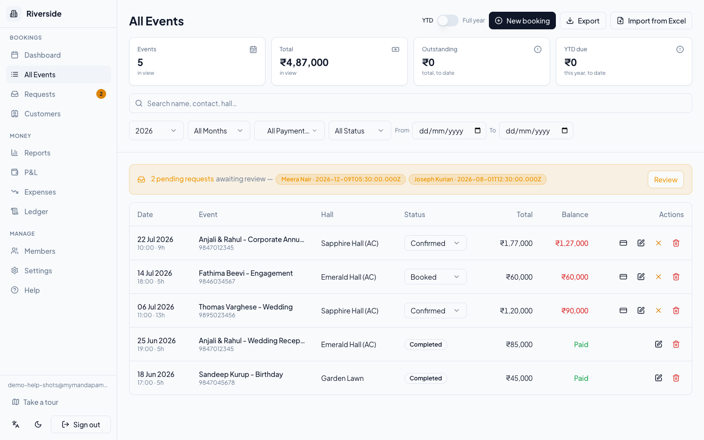 The events list showing each booking’s balance and the Receive button