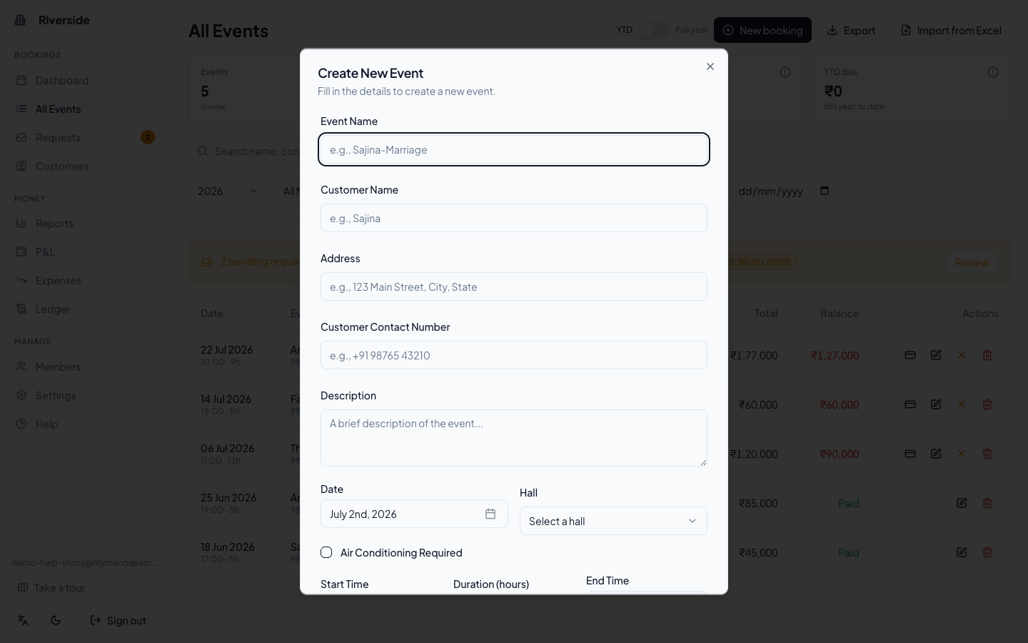 The Create New Event form
