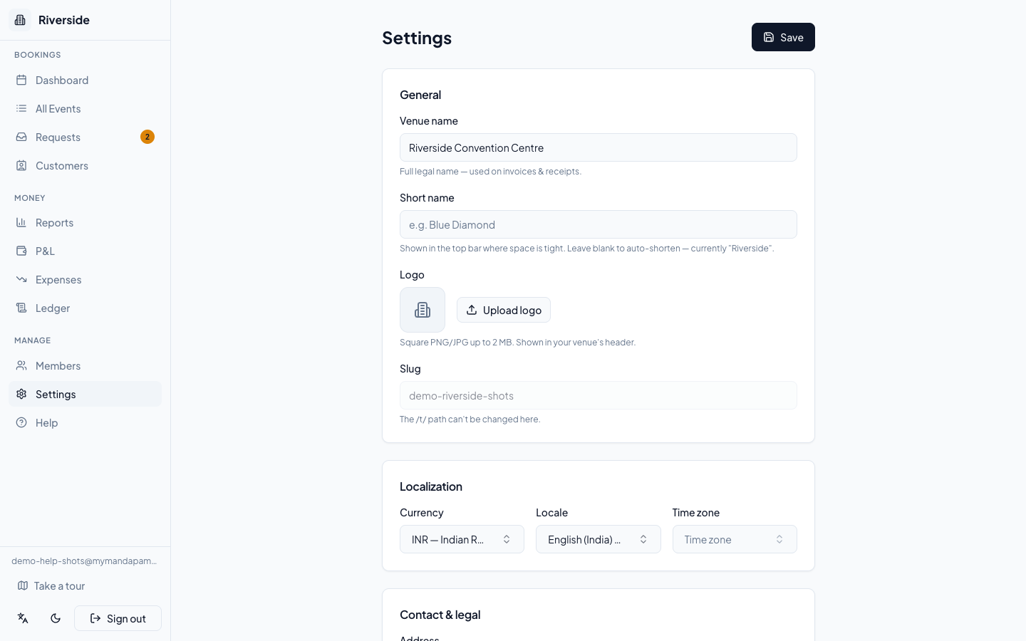 Venue settings: profile, halls, GST, and the public booking page